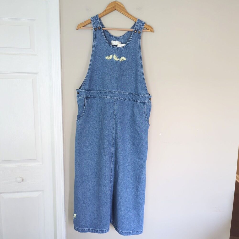 Vintage NWT CJ Banks Lime Embroidered Denim Overall Jumper Dress 16W
